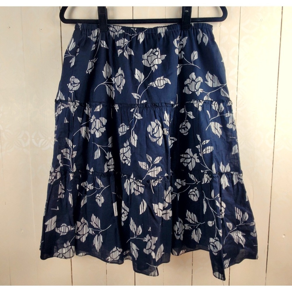 Navy Blue White Floral Tiered Midi Skirt Size 12 Sandra Darren Womens